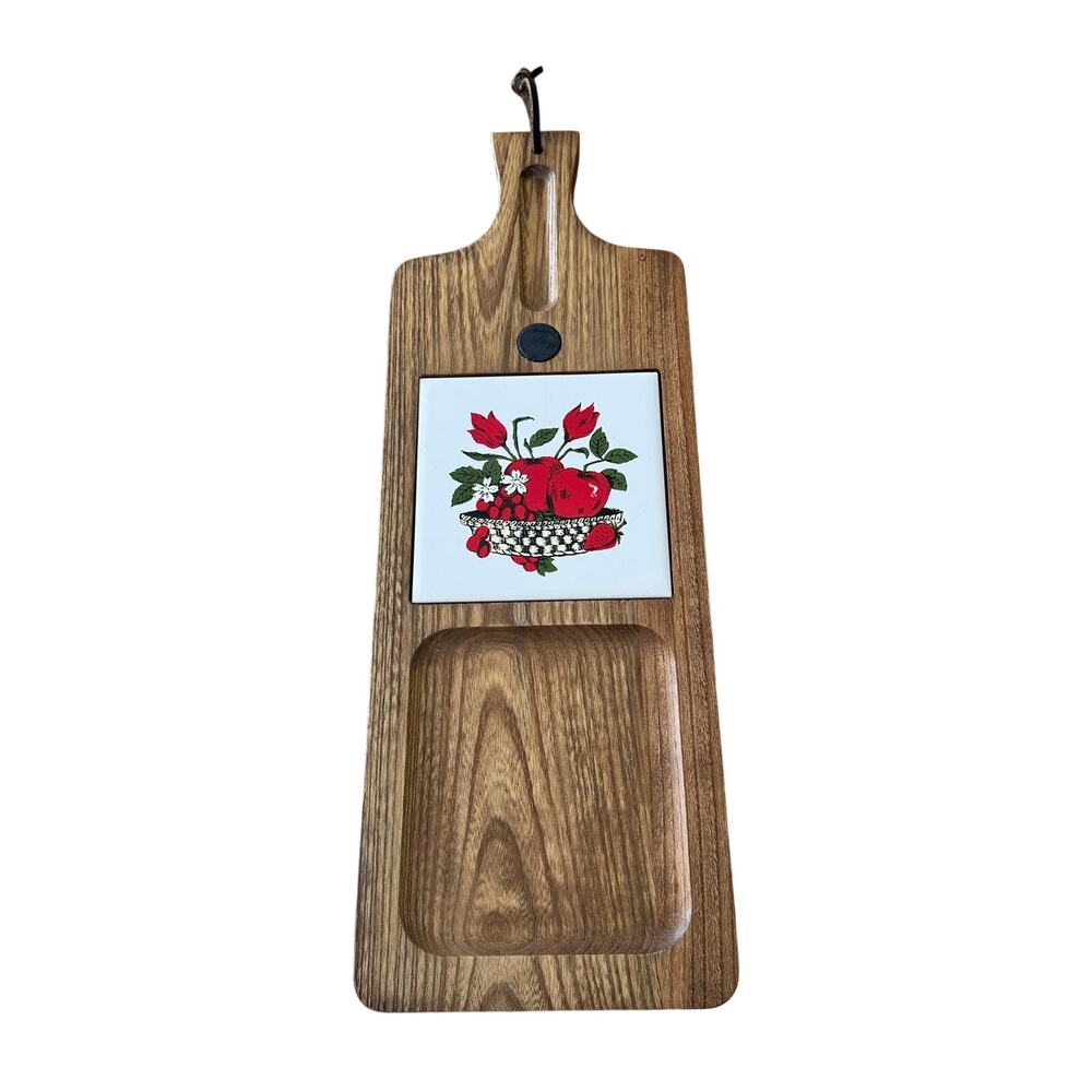 Vintage Cheese Server Wooden Board Ceramic Apple Tile 5.5x16 Japan Cottage Core